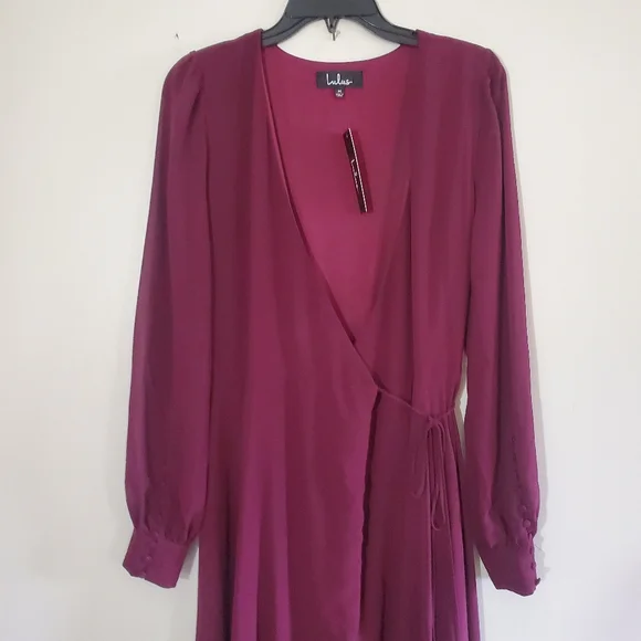 NWT Lulu's Plum My Whole Heart Wrap Dress Maxi Long Sleeve Sheer Size Medium - Picture 10 of 11